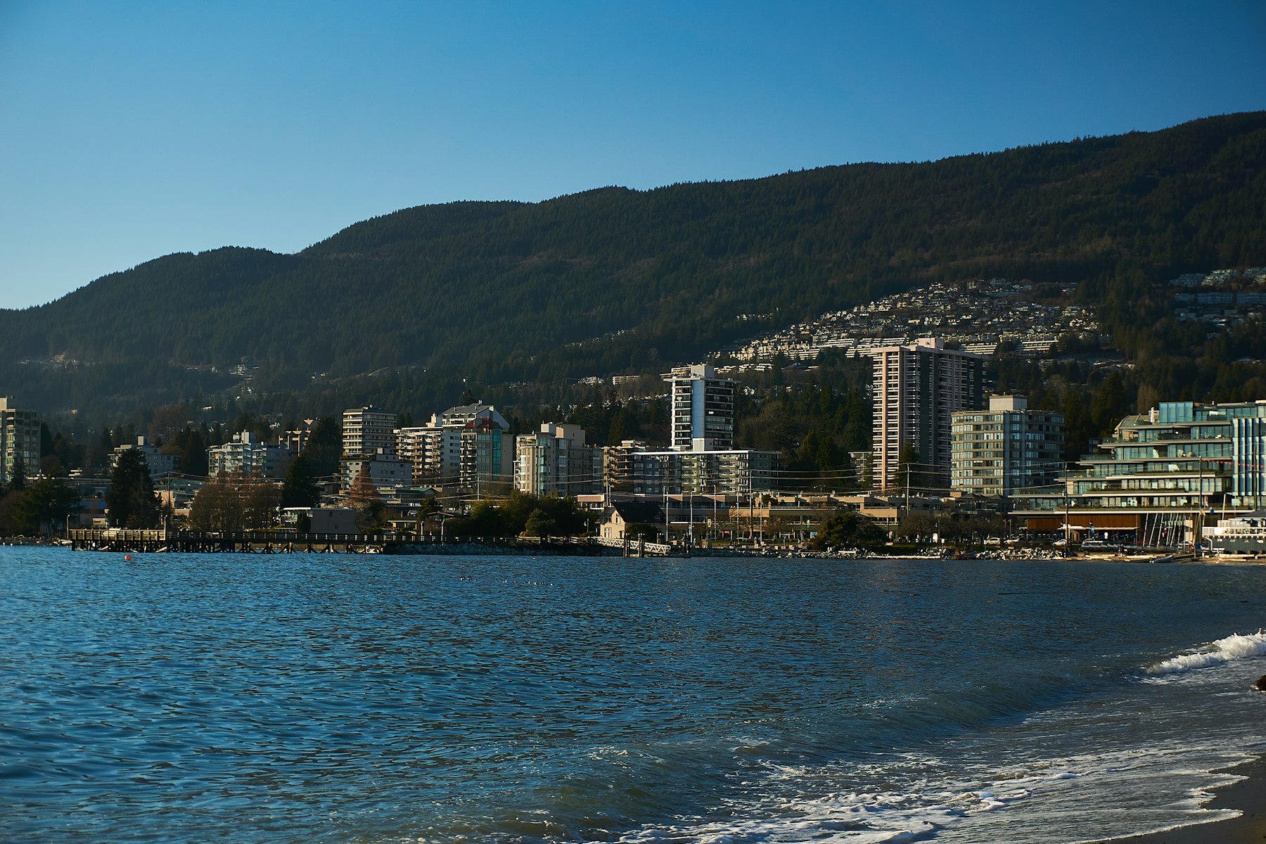 Waterfront homes and mountains in North Vancouver