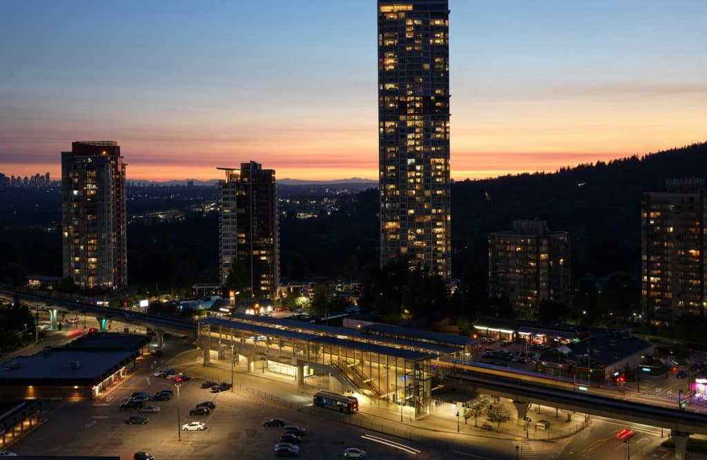 High-rise towers and the SkyTrain station in Coquitlam City Centre
