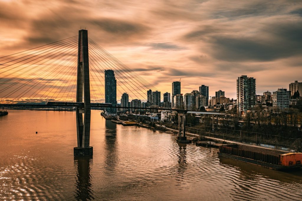 The New Westminster skyline and the Fraser River at sunset