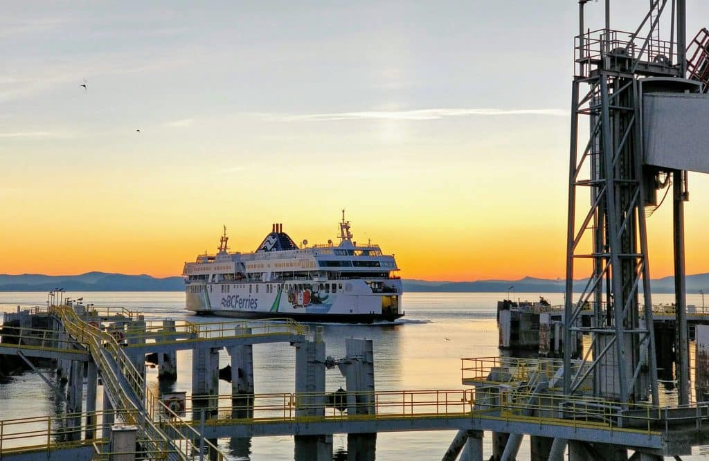 A BC Ferries ship at the Tsawwassen terminal at sunset