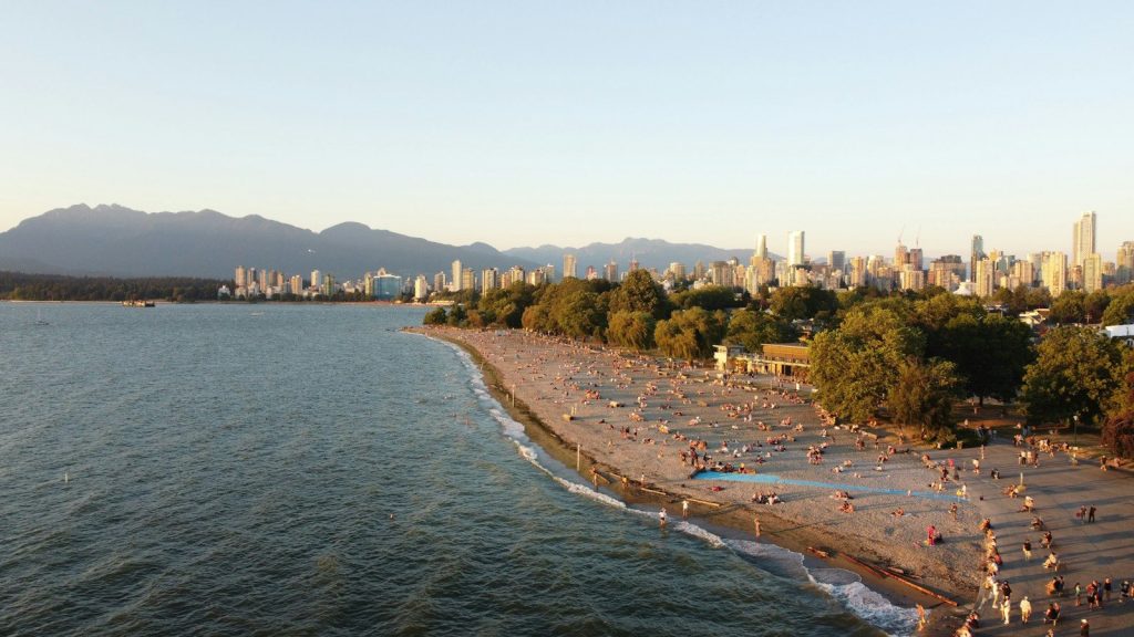 Kitsilano Beach with the downtown Vancouver skyline