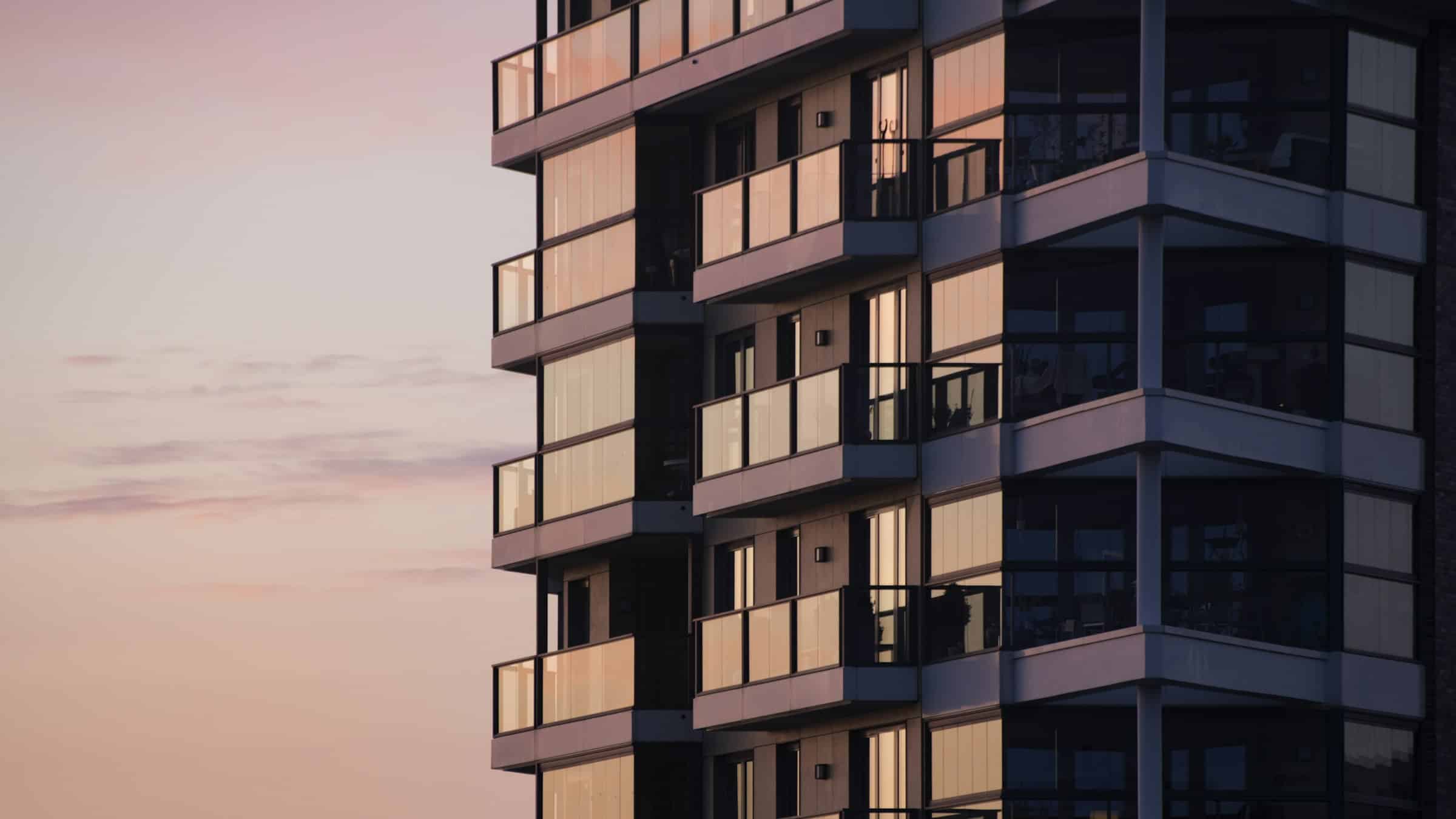 Apartment building at sunset